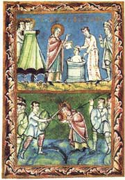 Manuscript illumination showing Bonface baptizing, and his martyrdom